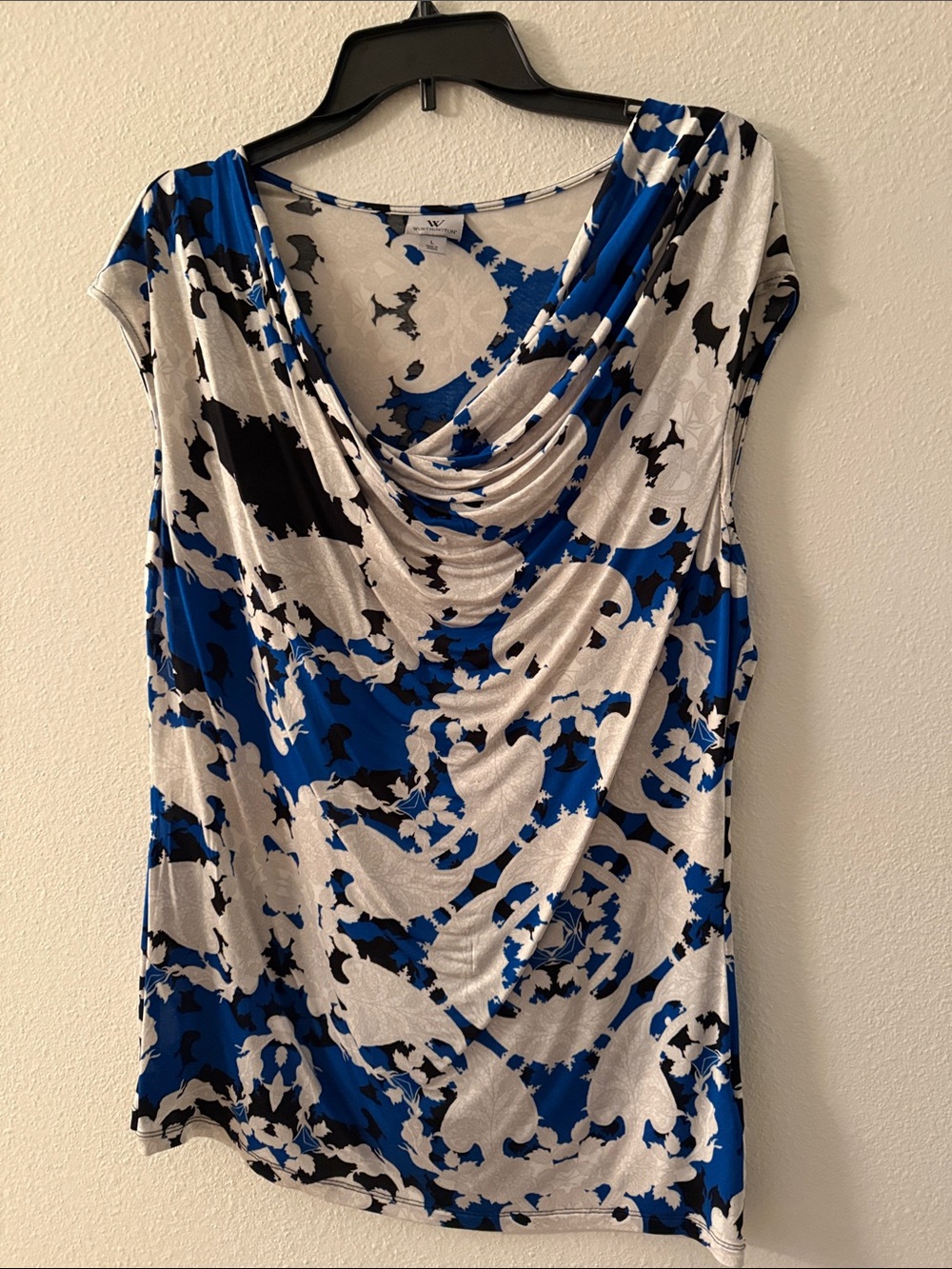 Worthington Blue White and Black Draped Cowl Neck Camisole